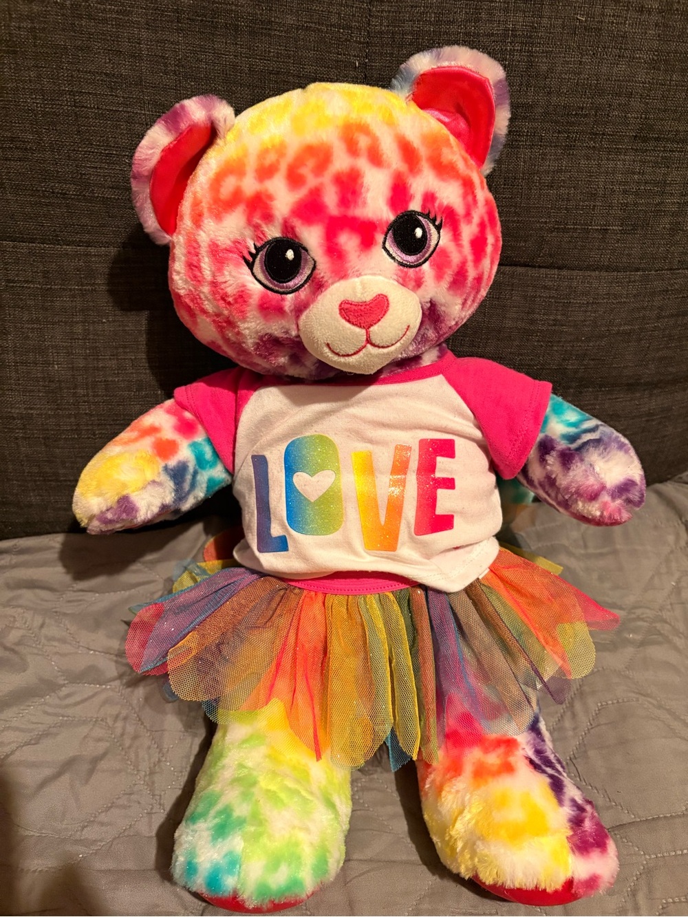 Rainbow Tie-Dye Plush Bear with 'LOVE' Tee and Tulle Skirt - Pink Accent